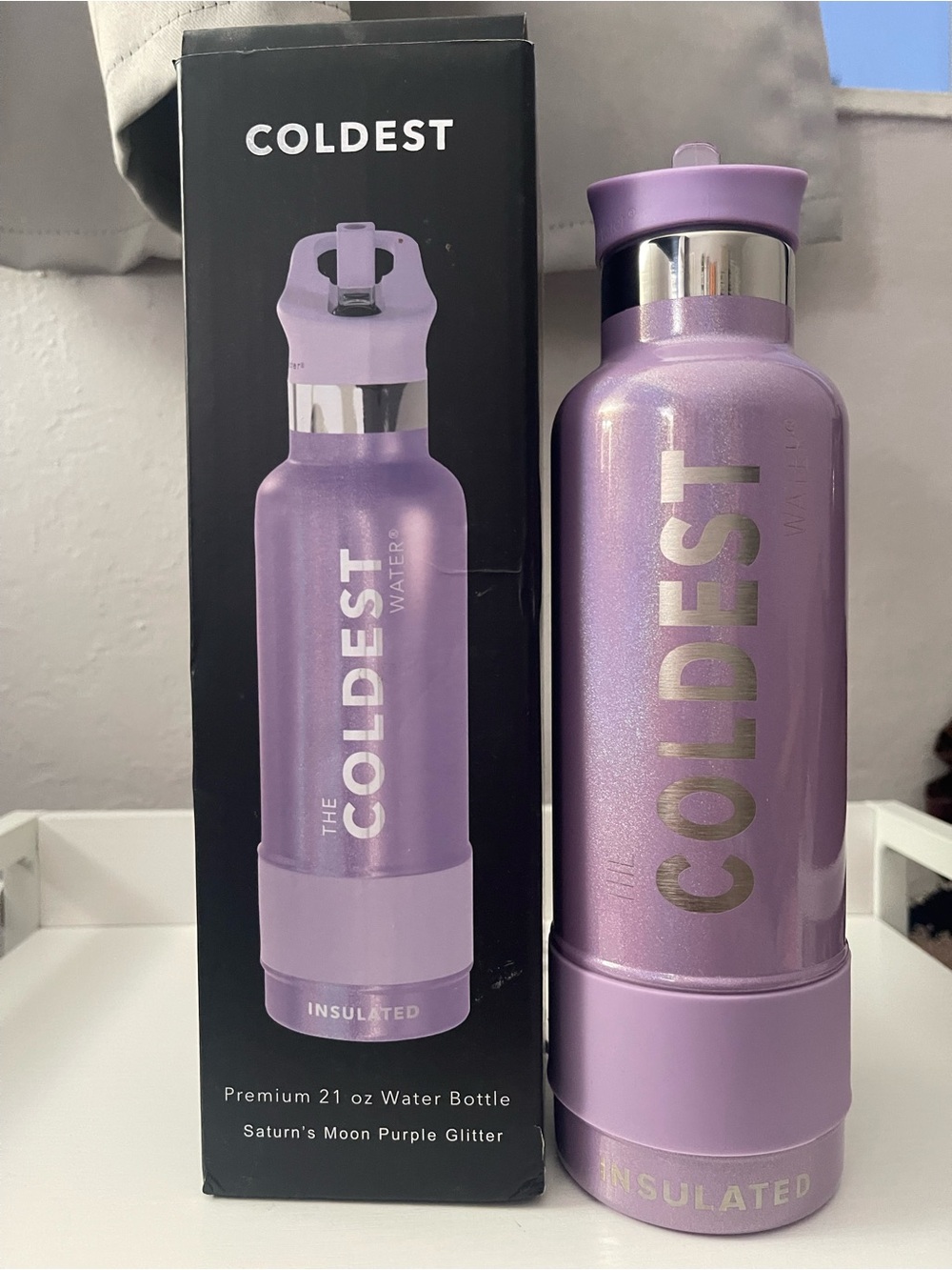 The Coldest Water 21oz Insulated Bottle - Saturn's Moon Purple Glitter